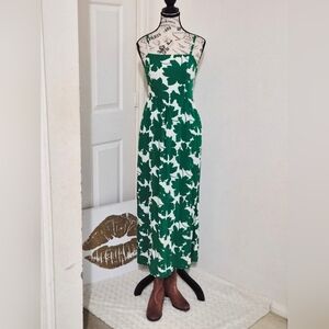 Green Leaf Print Maxi Dress. Features Pockets Both Sides